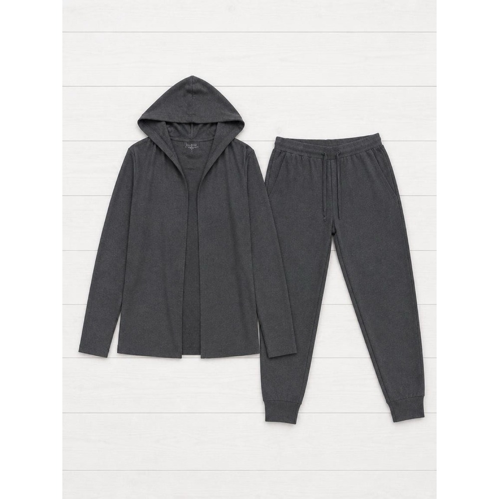 Eileen Fisher Organic Cotton Jogger Set Heathered Gray Hooded Cardigan Medium